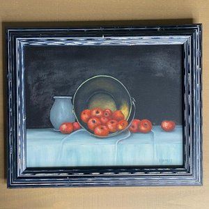 Artist B. Bradley Signed Painting Of Red Apples In A Tin Bucket